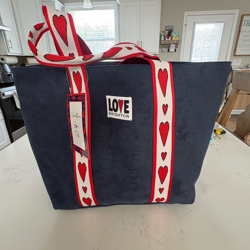 Brighton NWT Navy Tote with Red Heart Jacquard Straps #D30306